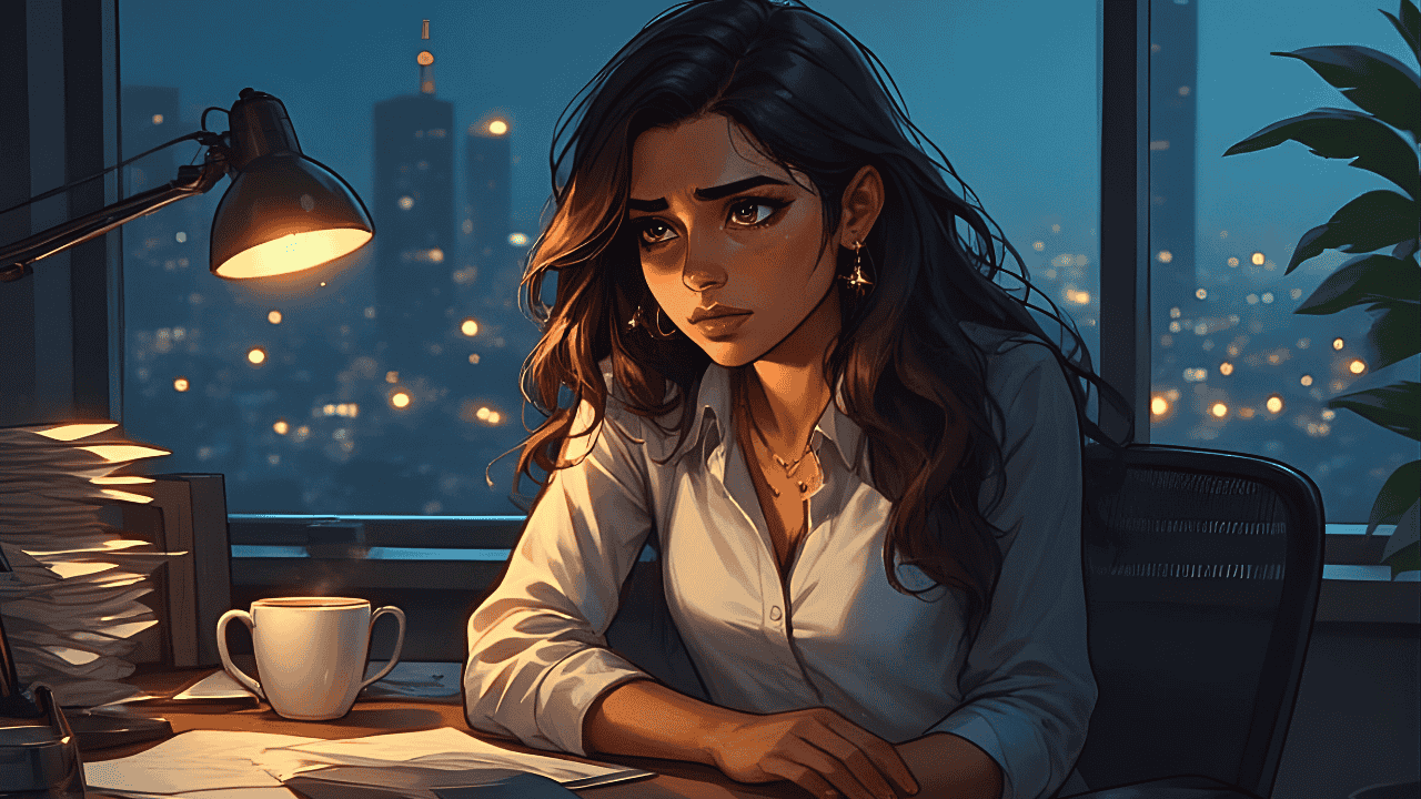 Ambitious Indian woman, Ayra, working late in office - A Hindi office romance story